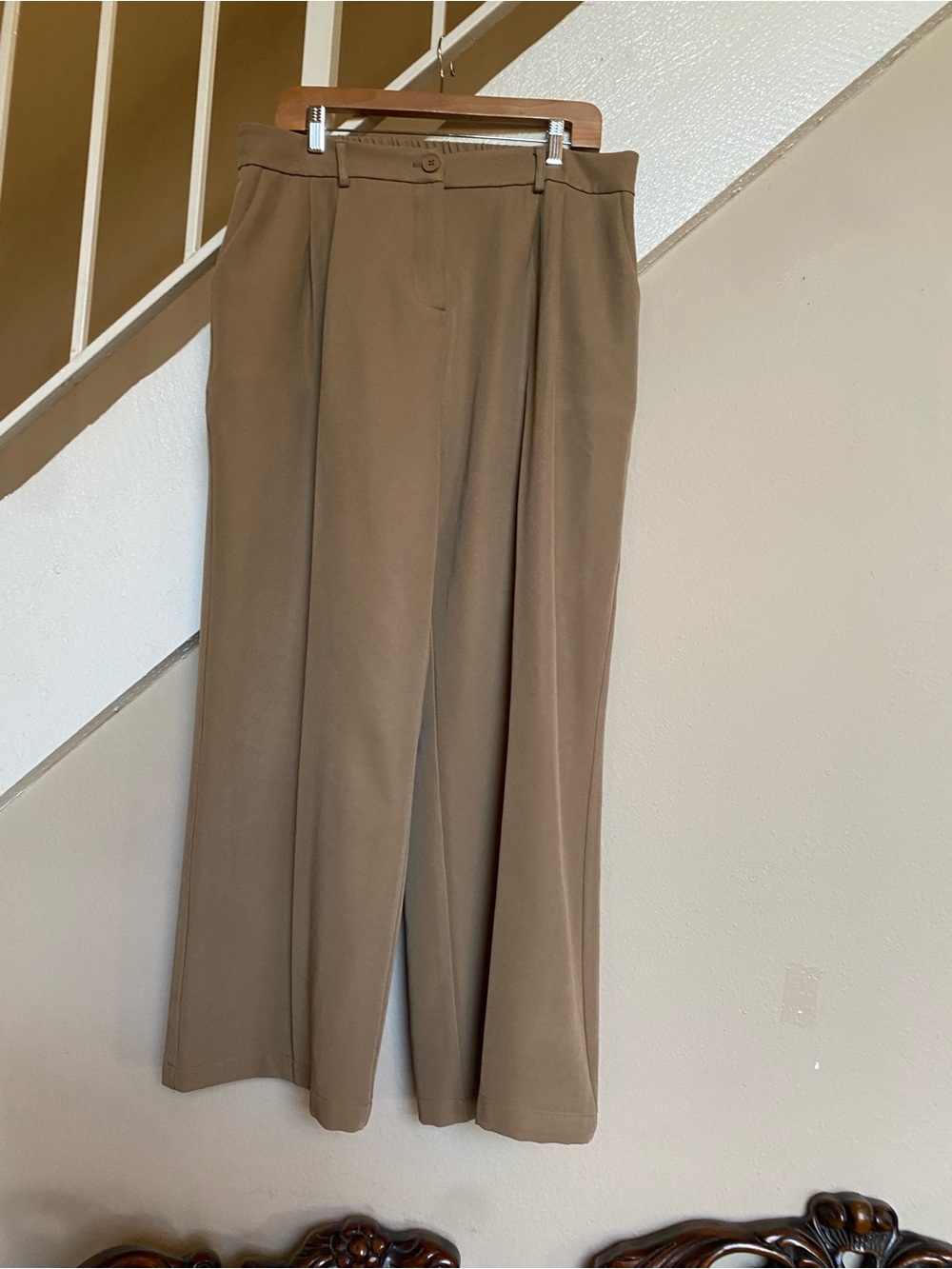 Classic High-Rise Wide Leg Pants in Tan front pockets Elastic Waist